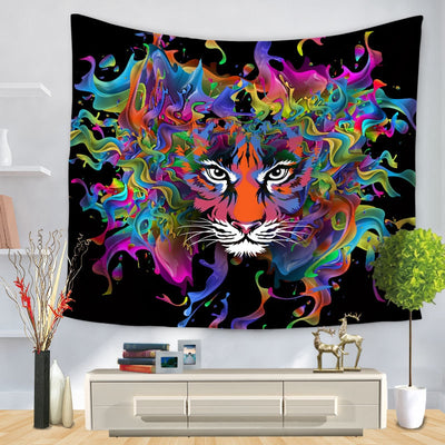 Purple and black tapestry featuring a stylized skull design with glowing orange eyes and intricate patterns, hung on a wall. - Image 6