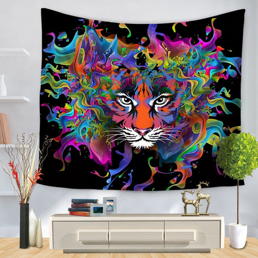Purple and black tapestry featuring a stylized skull design with glowing orange eyes and intricate patterns, hung on a wall. - Image 6
