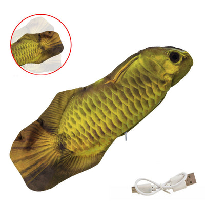 Realistic plush fish cat toy with yellow and brown scales, black fins, and a white USB charging cable. - Image 7