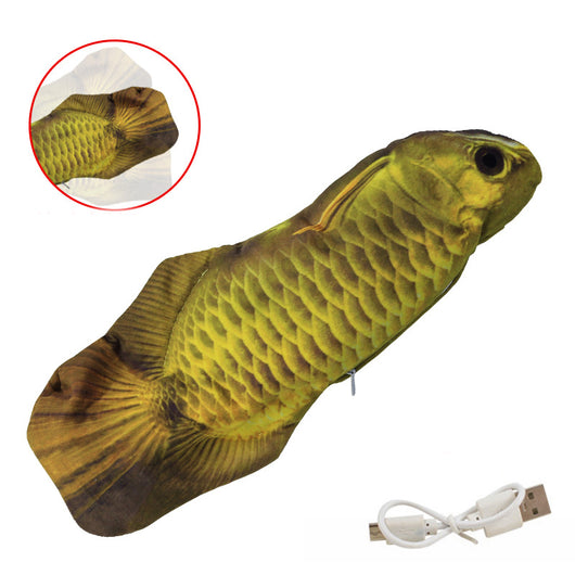 Realistic plush fish cat toy with yellow and brown scales, black fins, and a white USB charging cable. - Image 7