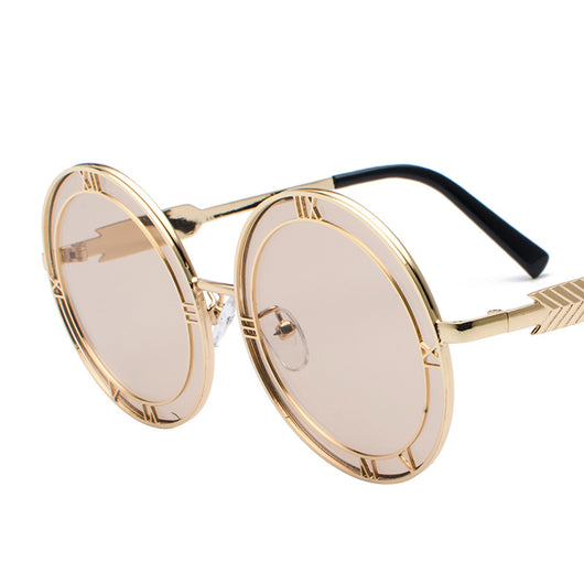 Round frame fashion sunglasses with light blue resin lenses and silver-tone metal frames featuring Roman numeral cutouts. - Image 12