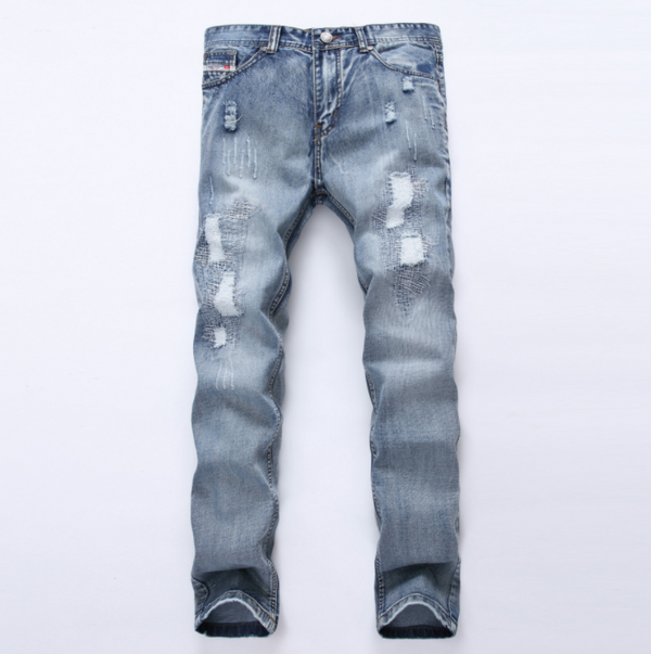 Pantalones Vaqueros Rotos Slim Fit para Hombre - Denim Desgastado Azul Claro Talla Grande