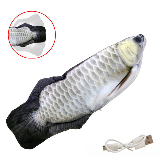 Realistic plush fish cat toy with yellow and brown scales, black fins, and a white USB charging cable. - Image 9