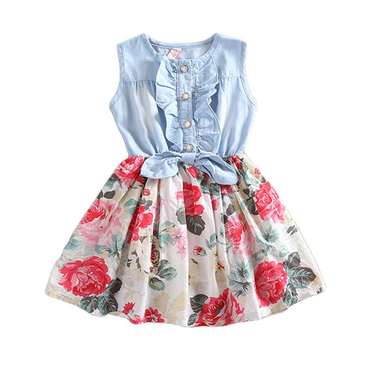 Vestido Infantil sin Mangas de Denim con Estampado Floral