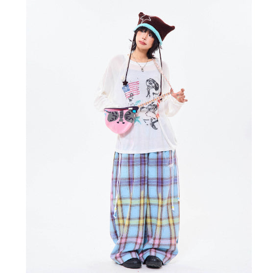 Pantalones Casuales Rectos con Patrón Cuadros Degradado Retro