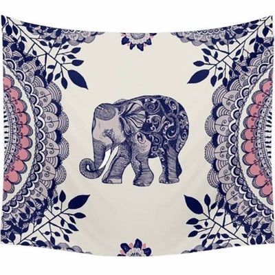Bohemian elephant tapestry with an ornate blue and grey elephant, surrounded by pink and blue mandala patterns.