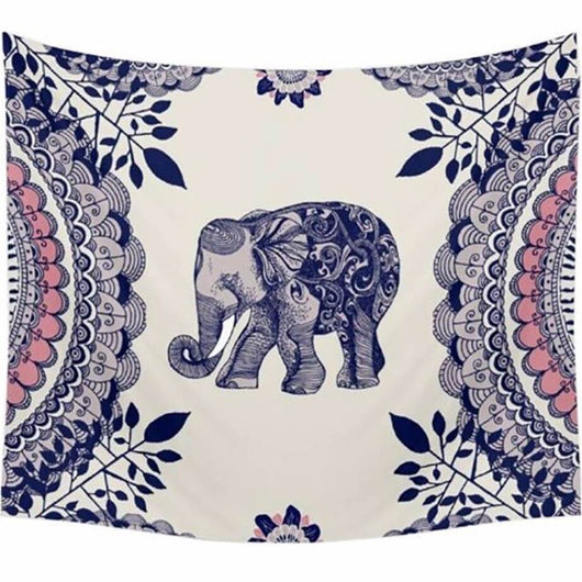 Bohemian elephant tapestry with an ornate blue and grey elephant, surrounded by pink and blue mandala patterns.