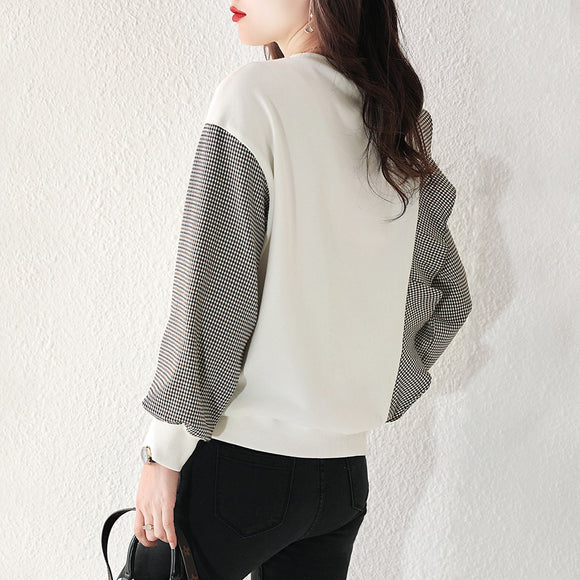 Sudadera Coreana Cuadrillé con Mangas Fruncidas y Costuras de Diseño