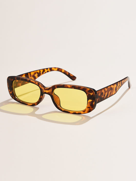 Rectangular tortoiseshell sunglasses with a small frame and dark gray lenses, angled on a white background. - Image 32