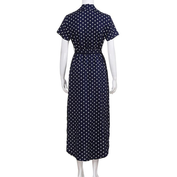 Vestido Largo de Botones con Escote en V y Lunares