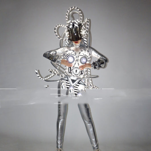 Traje de Rendimiento Cyberpunk con LED Luminoso Plateado - Image 3