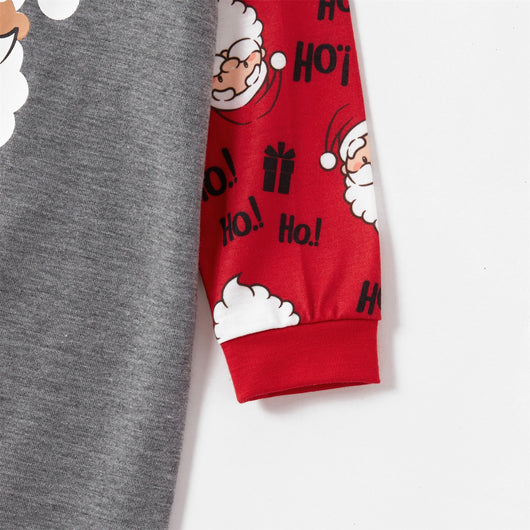 Children's grey and red long-sleeve pajama set with Santa Claus graphic on top and repeating Santa pattern on pants. - Image 16