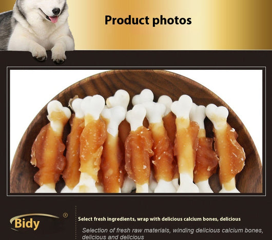 Pet Snacks chicken-wrapped milk bones in a white bag with a fluffy dog, alongside a bowl of treats. - Image 7