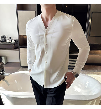 Camisa de Cuello V Manga Larga con Textura Waffle para Hombre - Image 22