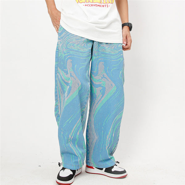 Pantalones Vaqueros Tie-Dye Lavados Hombre Marca Americana Corte Recto Casual con Cordón