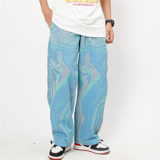 Pantalones Vaqueros Tie-Dye Lavados Hombre Marca Americana Corte Recto Casual con Cordón