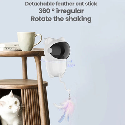 White cat-shaped intelligent laser toy with a black visor and a colorful feather wand attachment for pets. - Image 17
