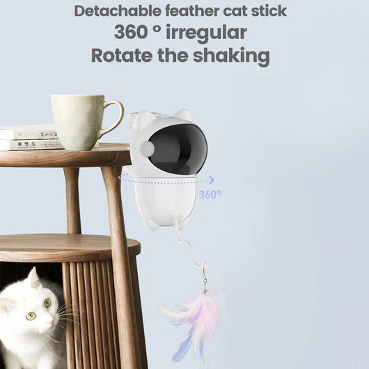 White cat-shaped intelligent laser toy with a black visor and a colorful feather wand attachment for pets. - Image 17