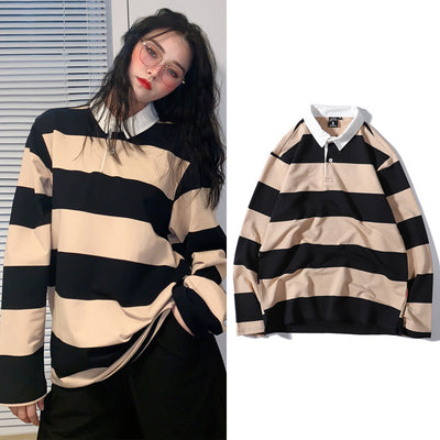Suéter Rayas con Solapa Cuello Camiseta Manga Larga Hombre - Image 9