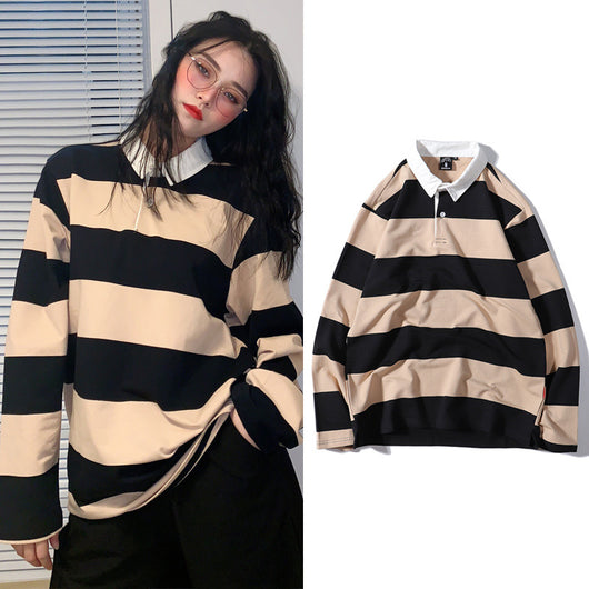Suéter Rayas con Solapa Cuello Camiseta Manga Larga Hombre - Image 9