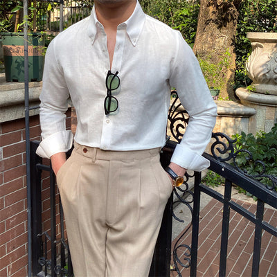 Camisa Casual Hombre Algodón Lino Manga Larga Color Sólido - Image 10