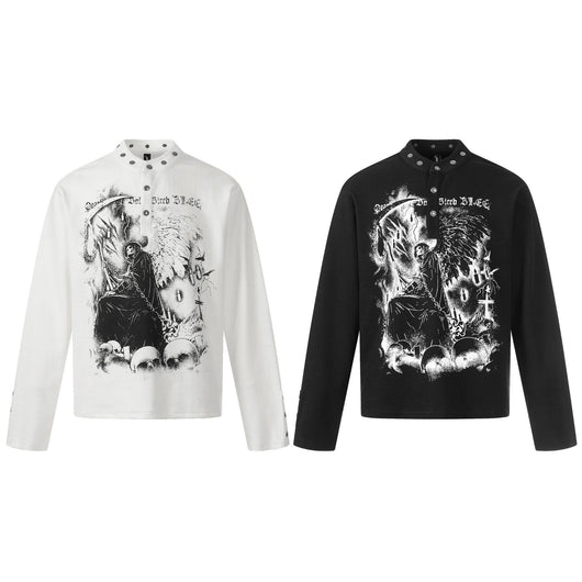 Camisa Manga Larga Hombre Estilo Retro Americano Estampado Oscuro - Image 11