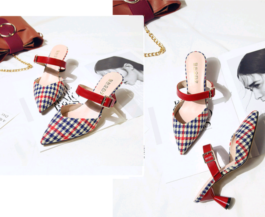 Sandalias de Tacón Alto Estilo Coreano con Diseño Cuadros - Pantuflas Puntiagudas para Mujer - Image 16