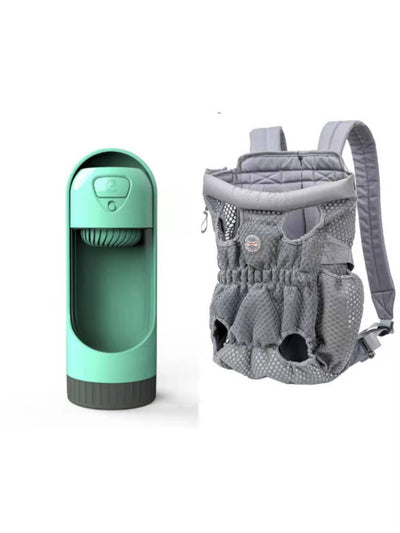 Navy blue mesh pet carrier backpack with leg holes and a light blue portable pet water bottle with a transparent reservoir. - Image 22
