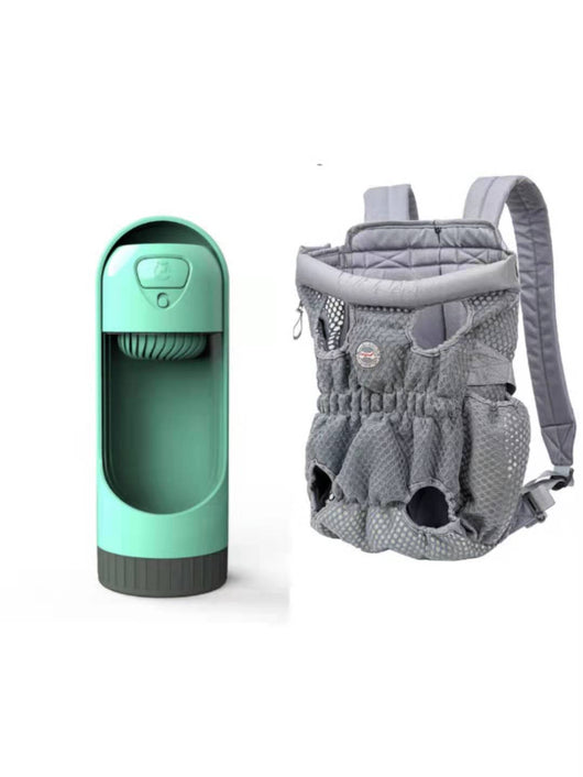 Navy blue mesh pet carrier backpack with leg holes and a light blue portable pet water bottle with a transparent reservoir. - Image 22