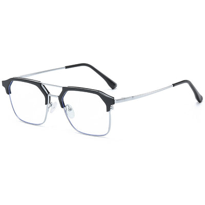 Anti-blue light glasses with a sand black and silver double beam frame, held against a white case. - Image 5