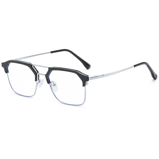 Anti-blue light glasses with a sand black and silver double beam frame, held against a white case. - Image 5