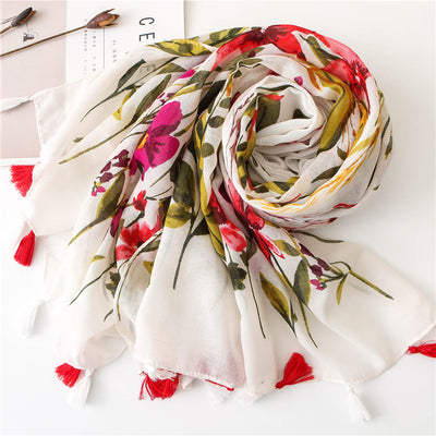 Pañuelo Vintage Étnico Floral de Algodón y Lino con Flecos