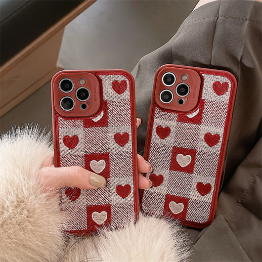 Funda para Celular con Bordado de Cuadrícula y Corazones
