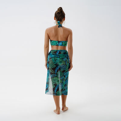 Women's plus size split swimsuit with a blue and green tropical leaf print halter bikini top and matching sarong skirt. - Image 3