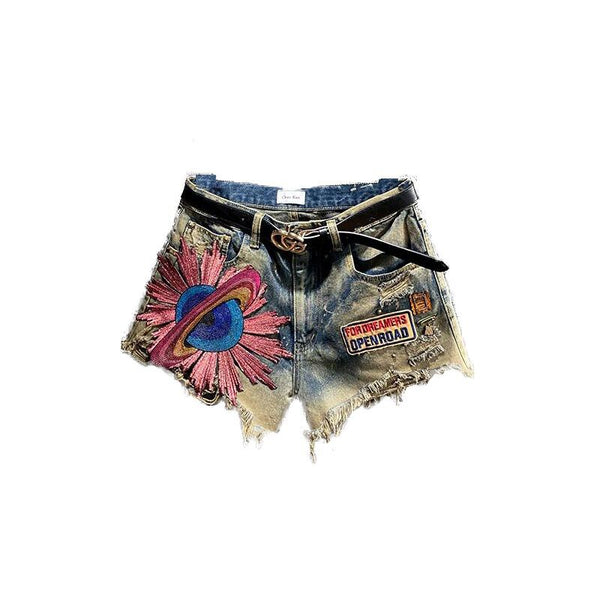 Short Denim Bordado Cintura Alta Pierna Recta con Roturas
