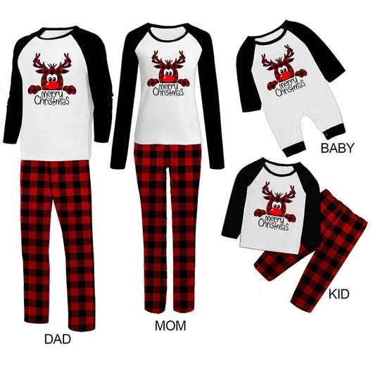Family matching Christmas pajamas with a deer graphic and "Merry Christmas" text on white and black tops, paired with red and black buffalo plaid pants. - Image 12