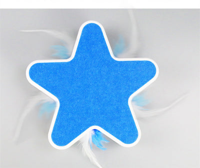 White star-shaped cat toy with a bright green felt top and a yellow-green feather peeking from a side opening. - Image 7