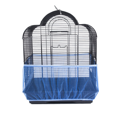 White mesh bird cage cover on a black wire bird cage with a black base, designed to catch seeds and dust. - Image 6