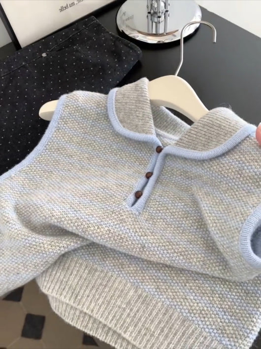 Chaleco Tejido a Rayas Azul y Blanco - Estilo Coreano Casual para Otoño - Image 11
