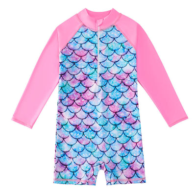 Children's long-sleeve swimsuit with a colorful floral print body and solid pink raglan sleeves, featuring a front zipper. - Image 6