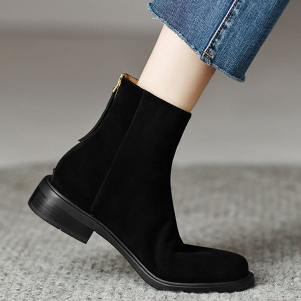 Botas Retro Francesas de Tacón Grueso y Punta Cuadrada para Mujer