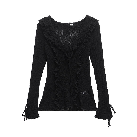 Blusa Ajustada de Encaje con Mangas Largas para Primavera y Verano