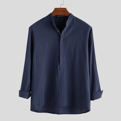 Camisa Holgada de Algodón y Lino Color Sólido Manga Larga - Image 5