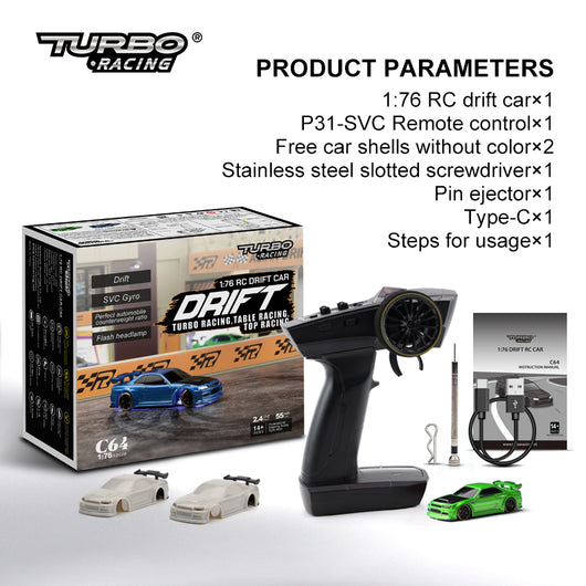 Auto de Carreras RC Turbo Racing 1vs76 C64 con Giroscopio y Control Proporcional Total - Image 9