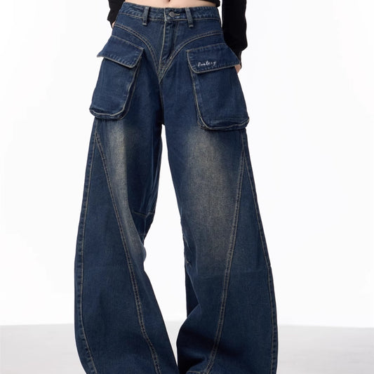Pantalones Vaqueros Anchos de Cintura Alta con Bolsillos Funcionales