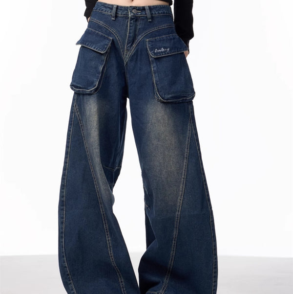 Pantalones Vaqueros Anchos de Cintura Alta con Bolsillos Funcionales