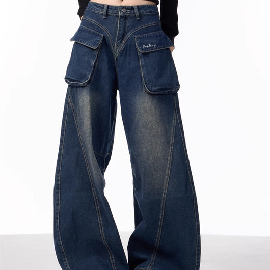 Pantalones Vaqueros Anchos de Cintura Alta con Bolsillos Funcionales