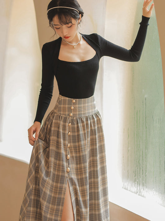 Conjunto Falda Cuadrille Retro Elegante - Blusa y Falda Plisada de Temperamento - Image 4