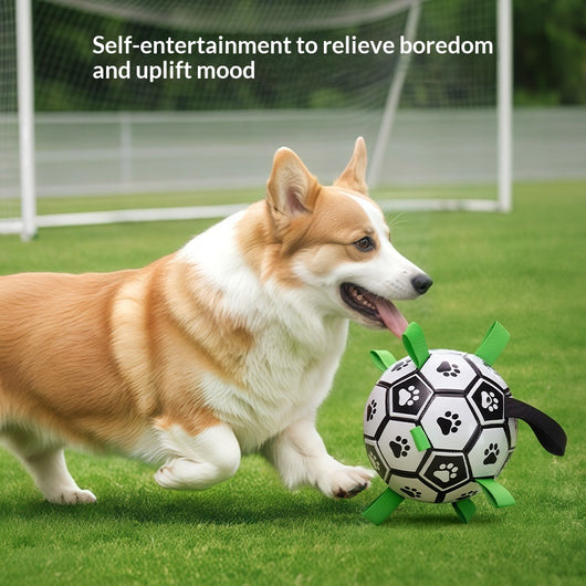 Black and white soccer ball dog toy with green fabric tabs and paw prints, 19cm, includes pump. - Image 7