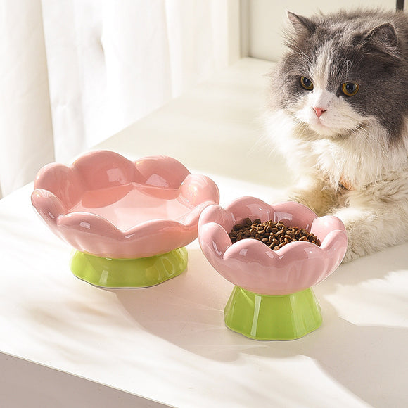 Comedero Elevado para Gatos de Cerámica Rosa - Diseño Inclinado Anti-Vómito y Fatiga de Bigotes